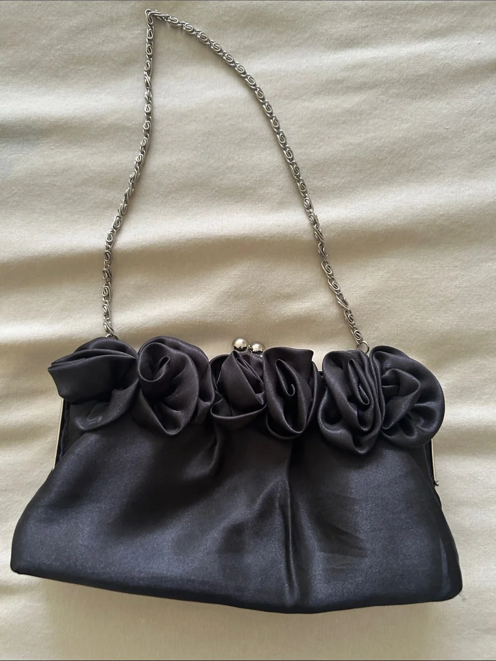 Elegant Black Satin rose Flower-Trim evening Bag